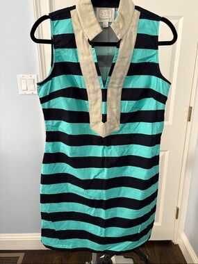 Sail to Sable Black and Aqua Striped Sleeveless Tunic Dress with Metallic Trim
